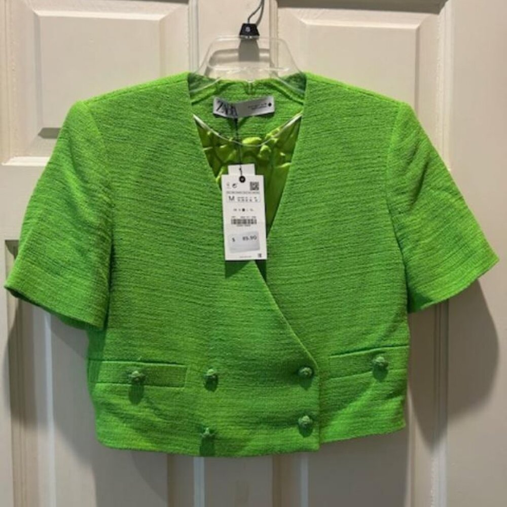 ZARA TEXTURED CROPPED BLAZER SIZE MED NEON GREEN REF 3066/811 DBL breasted NWT